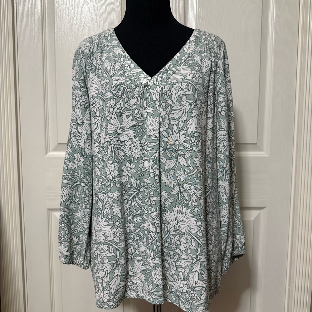 St. John's Bay Floral V-Neck Blouse - Sage and White